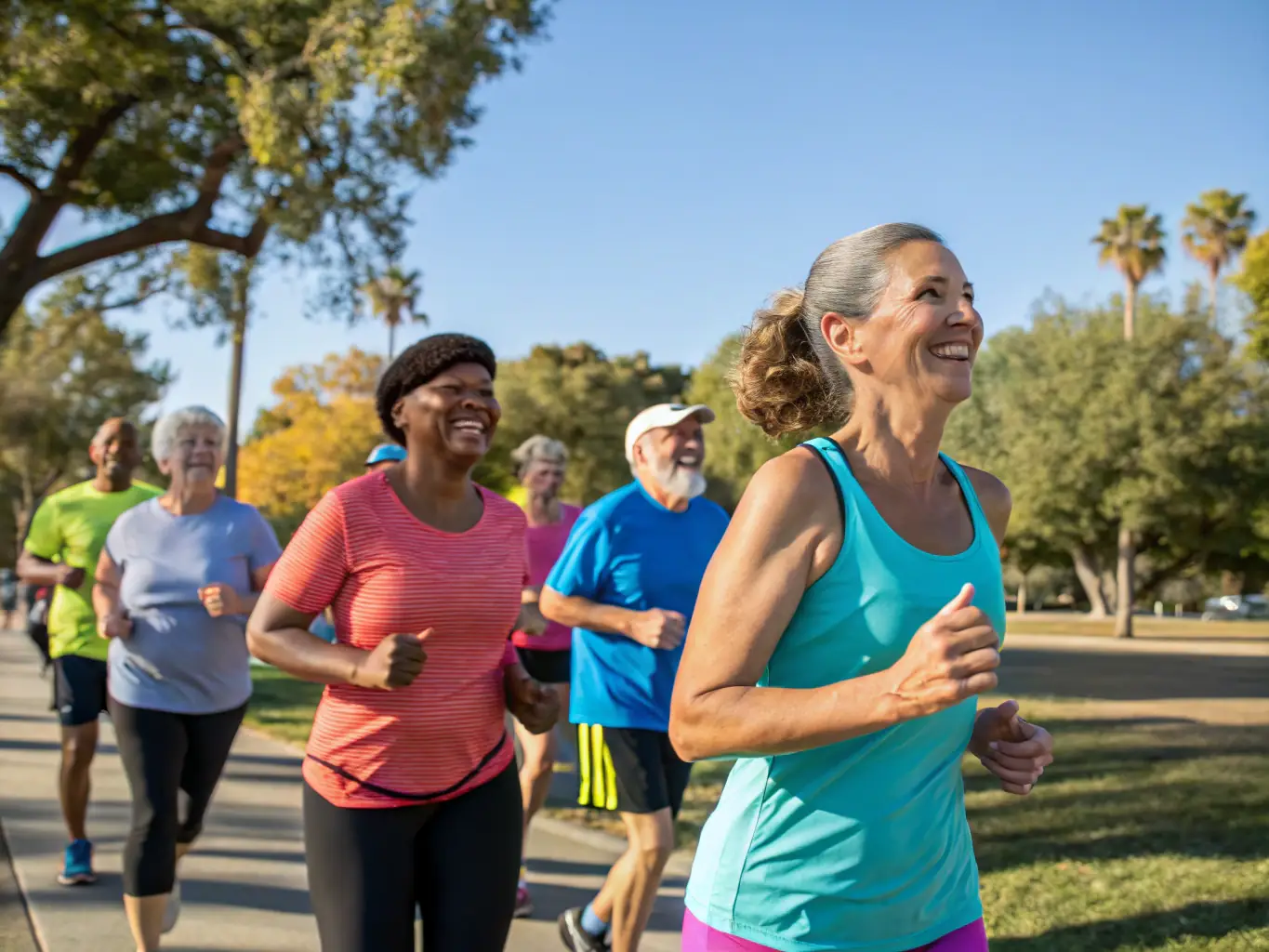 An image of a diverse group of people engaging in outdoor fitness activities in a Canadian park, showcasing active lifestyles.