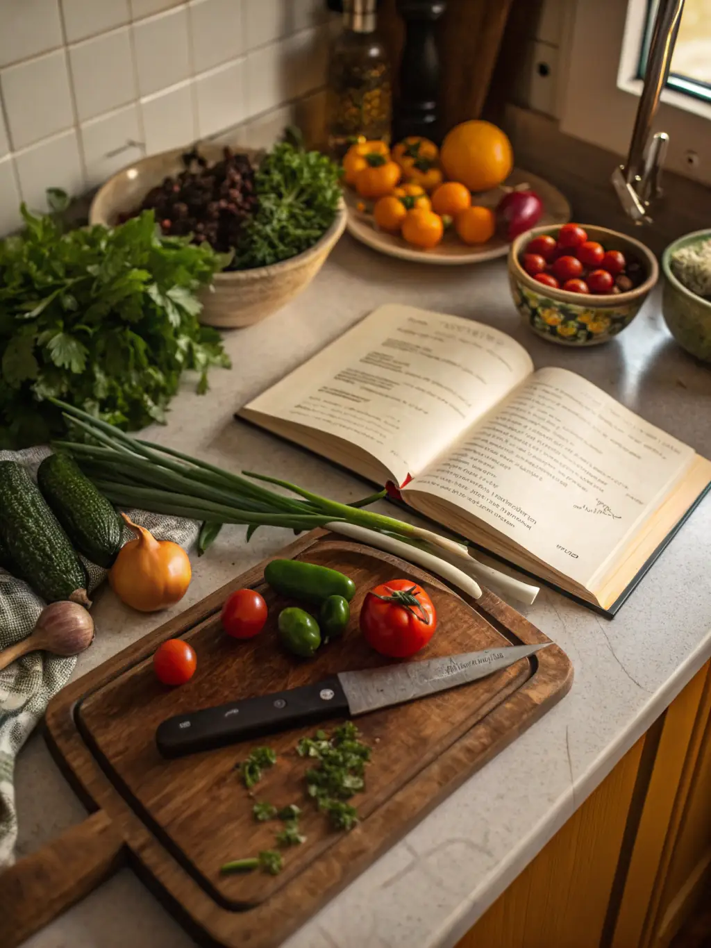 A person preparing a healthy meal in a modern Canadian kitchen, featuring lean proteins, whole grains, and a variety of colorful vegetables, showcasing balanced nutrition.