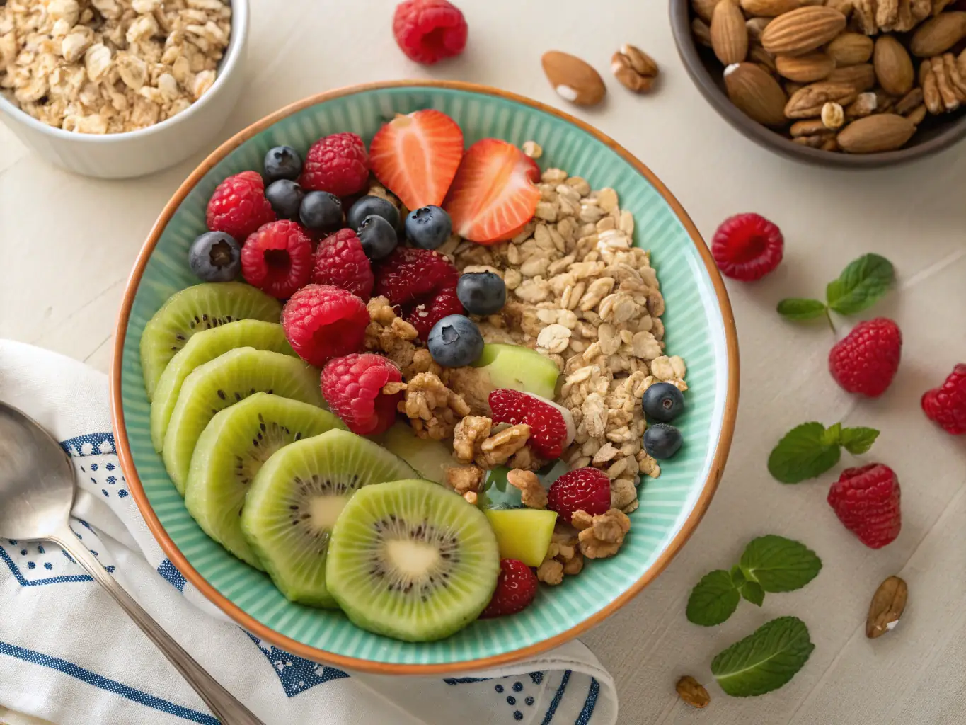 A colorful plate of healthy Canadian foods, including salmon, berries, and whole grains, arranged for an engaging infographic.
