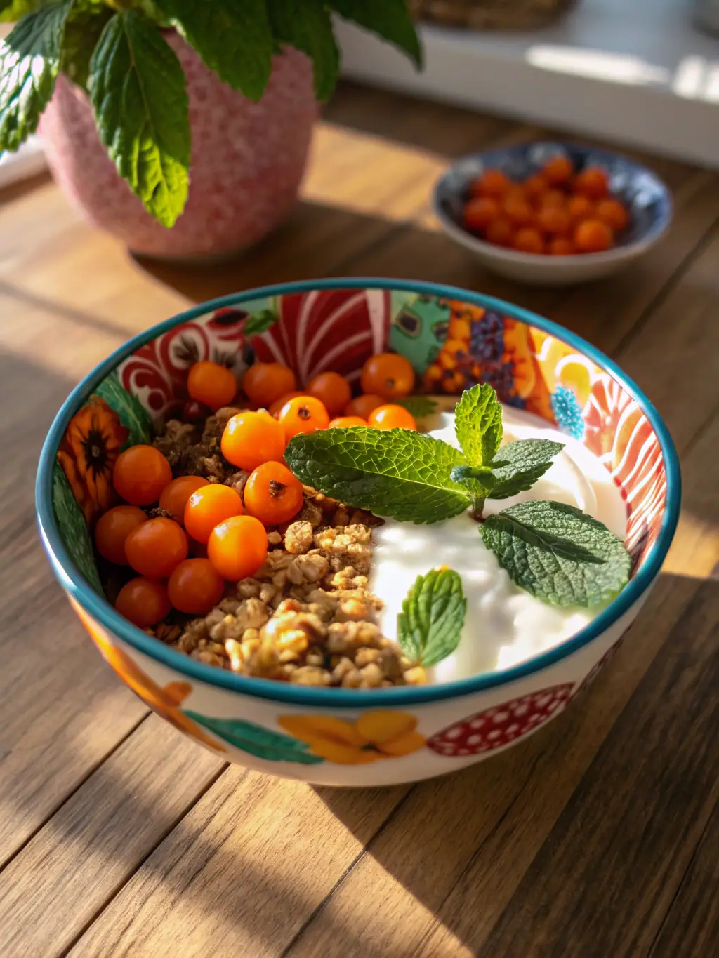 A person enjoying a healthy snack of Greek yogurt with berries and nuts in a Canadian setting, promoting mindful eating and healthy snacking habits.