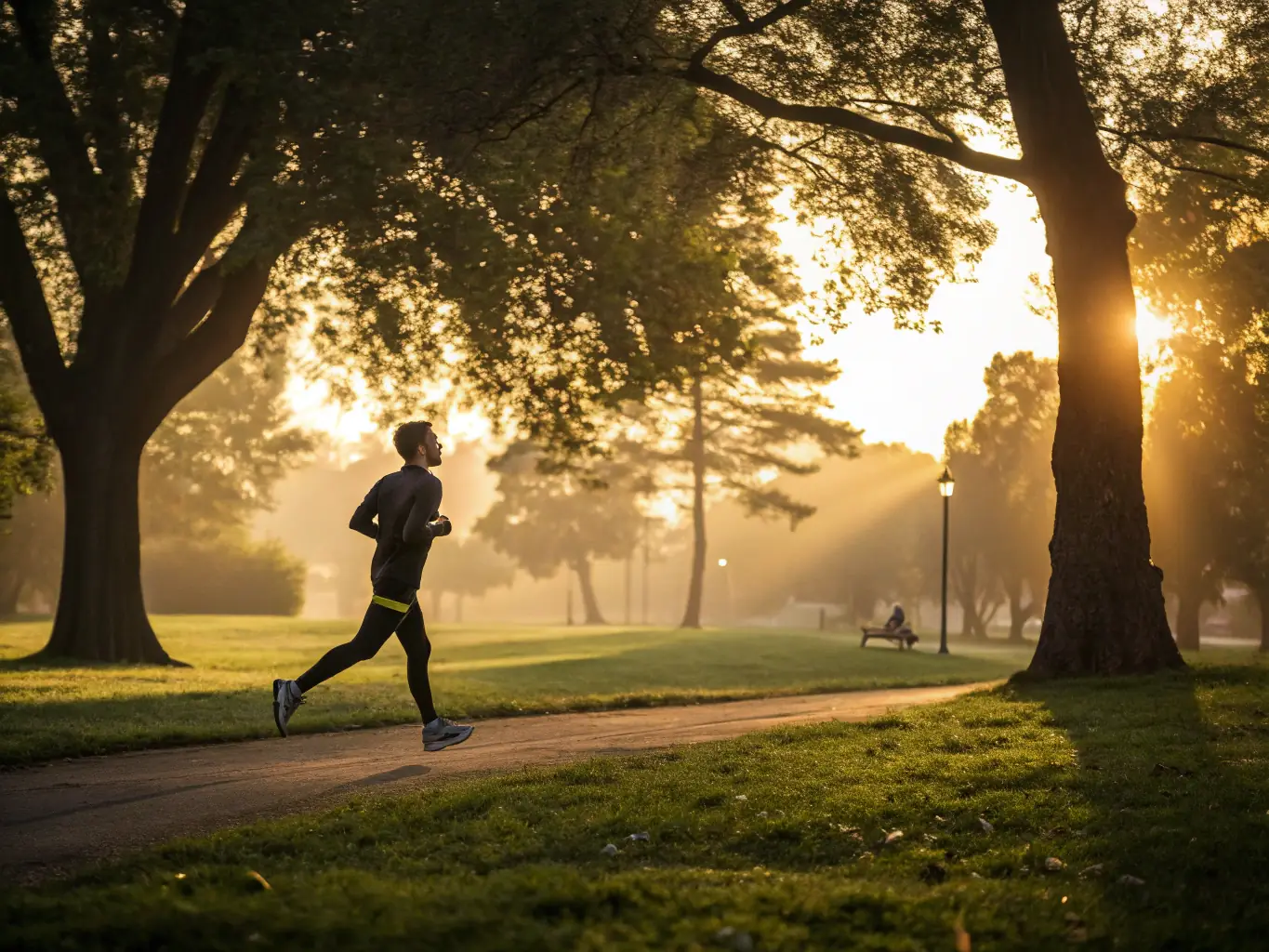 A person happily using a fitness tracker while jogging along a scenic Canadian trail, emphasizing the integration of technology in fitness.