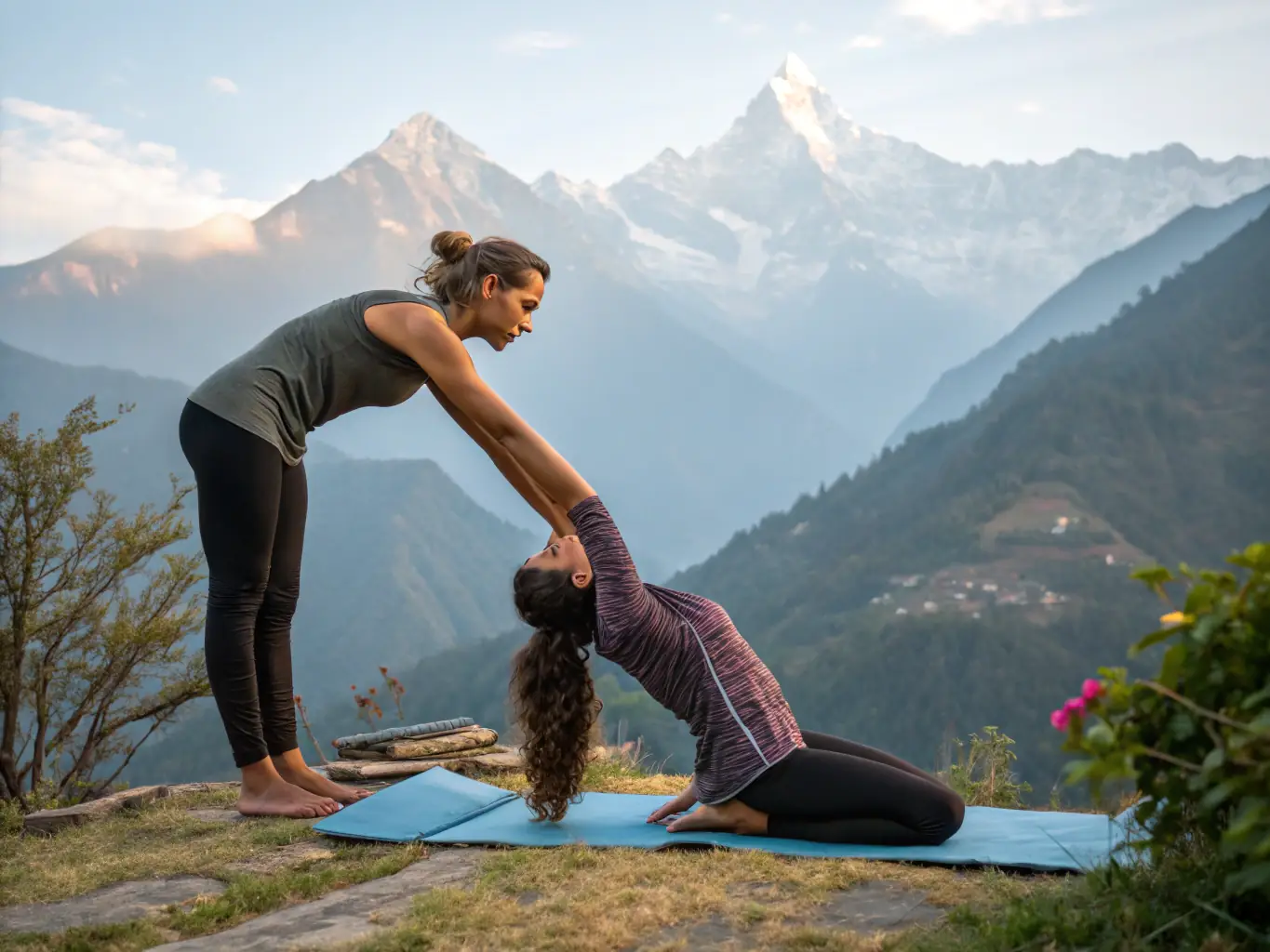 A person doing yoga on a mountain top in Banff National Park, Alberta, with a serene and inspiring Canadian landscape.
